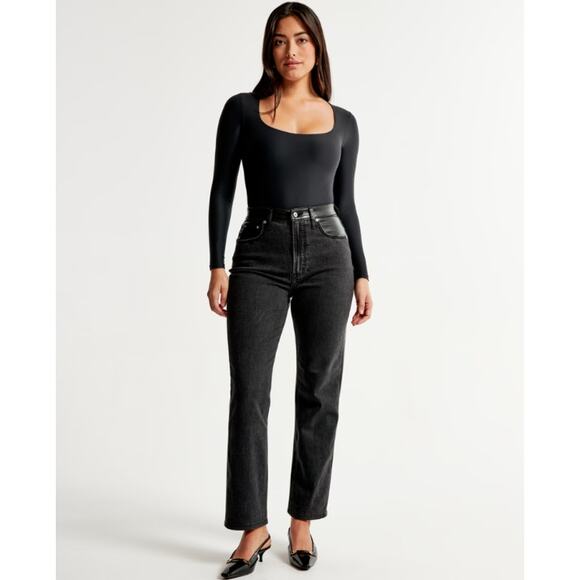 Abercrombie & Fitch Curve Love Ankle Straight Ultra High Rise Jeans Leather Pant - Picture 6 of 14
